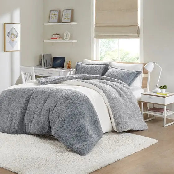 Color Block Overfilled Sherpa Comforter Set Grey/Ivory Twin XL