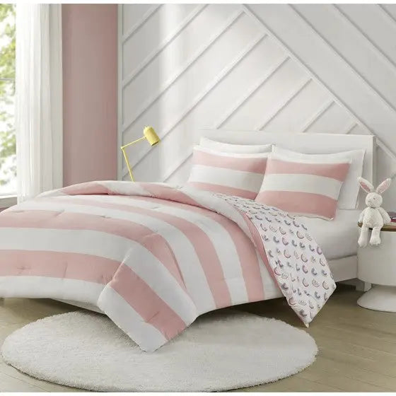 Cotton Cabana Stripe Reversible Comforter Set with Rainbow Reverse Pink Twin