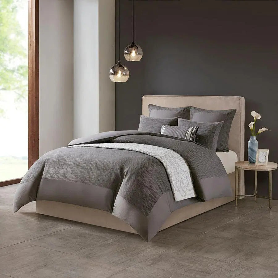 Hanae Global Inspired Cotton Blend Yarn Dyed 3 Piece Comforter Set Gray Full/Queen