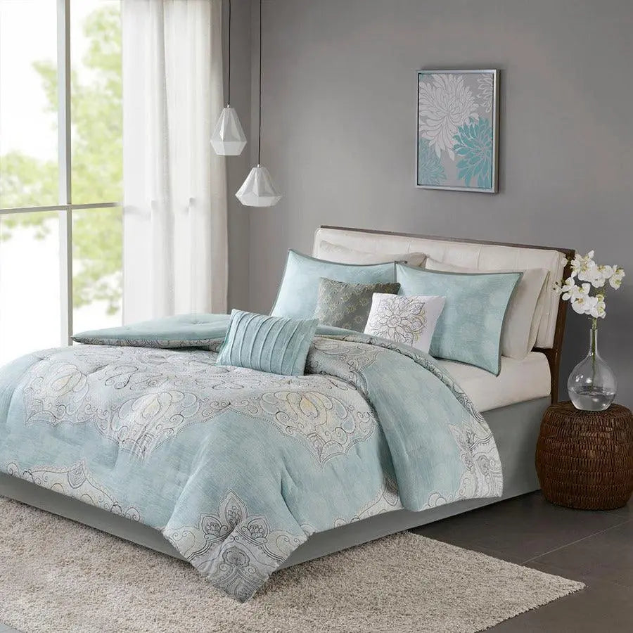 Lucinda Modern 7 Piece Reversible Cotton Sateen Comforter Set Seafoam Cal King