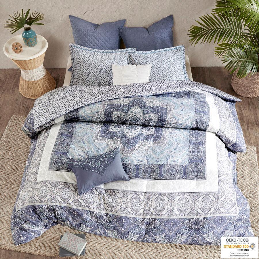 Maggie Full/Queen 7 Piece Reversible Cotton Comforter Set Blue