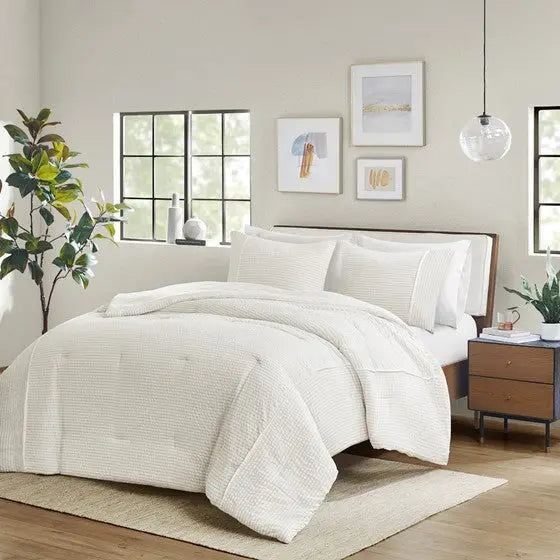 3 Piece Striped Seersucker Oversized Comforter Set Ivory Full/Queen