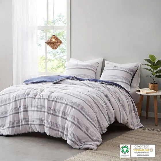5 Piece Striped Organic Cotton Yarn Dyed Comforter Cover Set w/removable insert Indigo/White Full/Queen