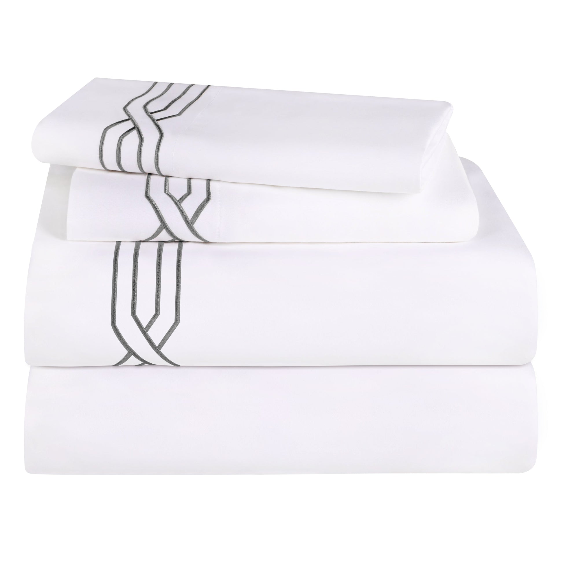 1200 Thread Count Egyptian Cotton Embroidered Geometric Bed Sheet Set - White/Charcoal