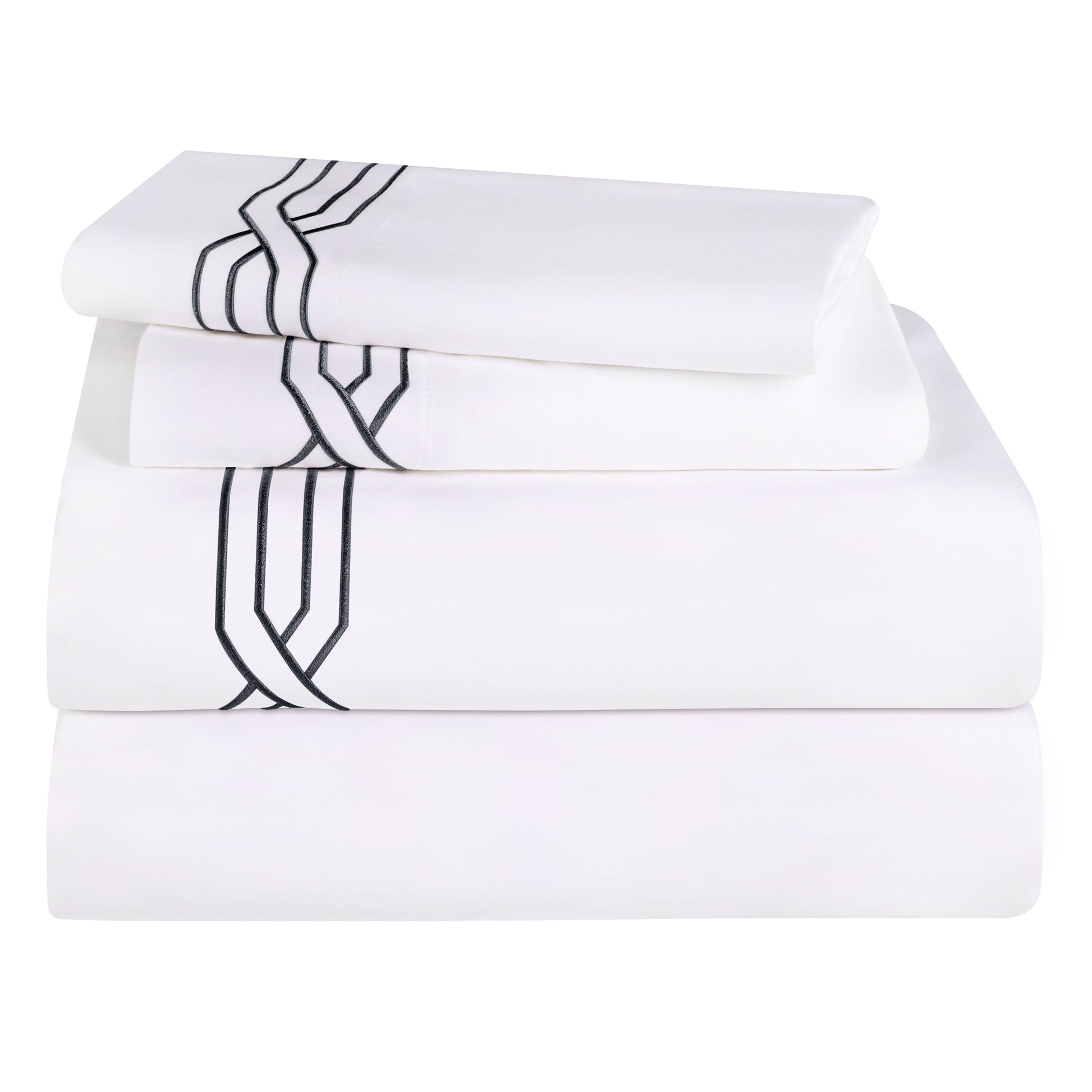 1200 Thread Count Egyptian Cotton Embroidered Geometric Bed Sheet Set - White/Navy Blue