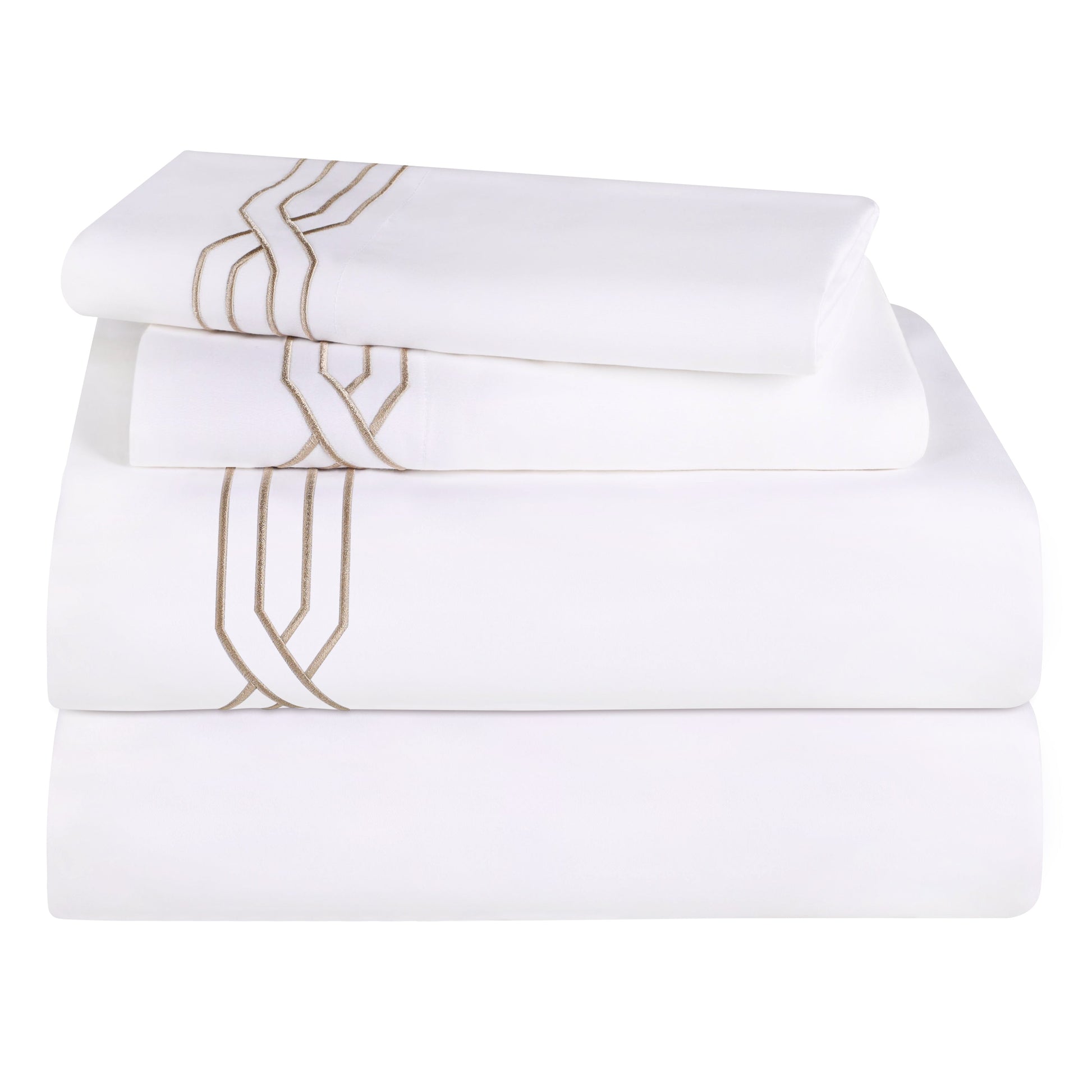 1200 Thread Count Egyptian Cotton Embroidered Geometric Bed Sheet Set - White/Taupe