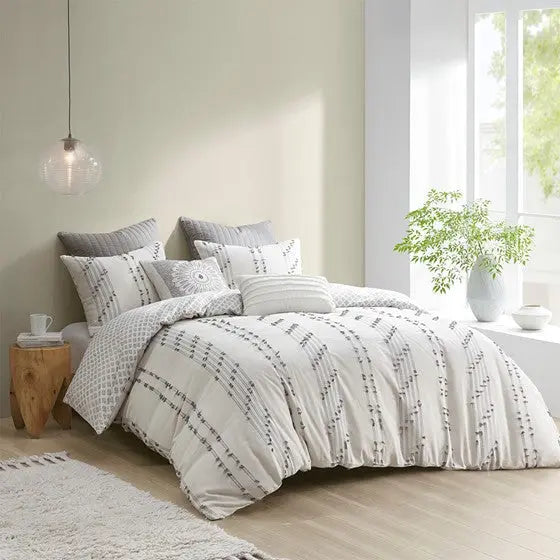 3 Piece Cotton Jacquard Comforter Set Ivory Cal King