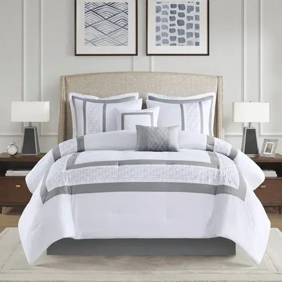 8 Piece Embroidered Comforter Set White Queen