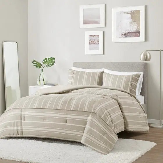 3 Piece Striped Herringbone Oversized Comforter Set Taupe Full/Queen