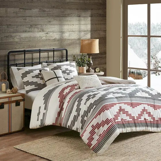 5 Piece Herringbone Oversized Comforter Set Grey/Red Full/Queen