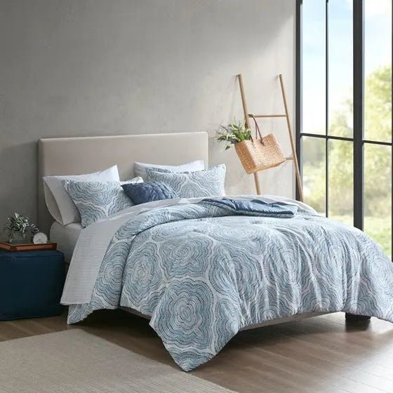 8 Piece Comforter Set with Bed Sheets Blue Queen