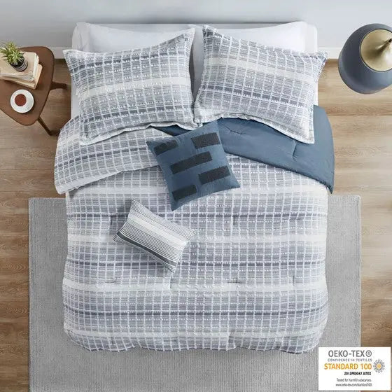 5 Piece Cotton Jacquard Waffle Weave Comforter Set Blue Full/Queen