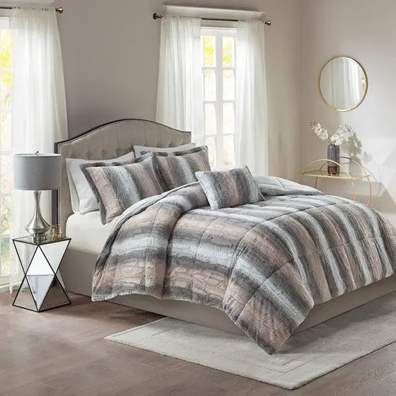 4PC Faux Fur Comforter Set Blush/Grey King