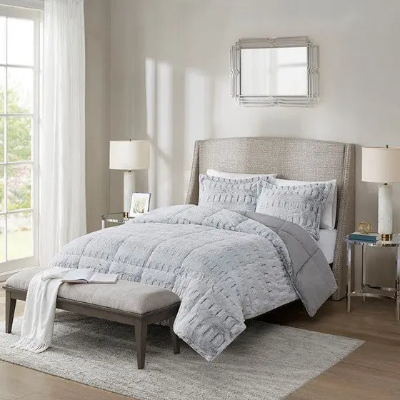 Back Print Long Fur Comforter Mini Set Grey Cal King