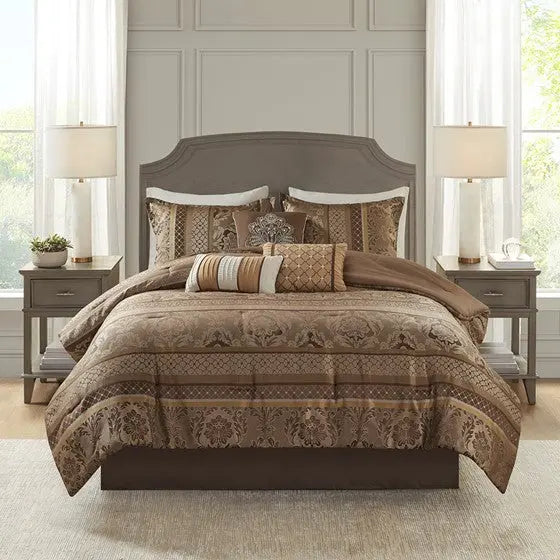 7 Piece Jacquard Comforter Set Brown/Gold King