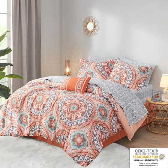 7 Piece Comforter Set with Cotton Bed Sheets Coral Twin XL