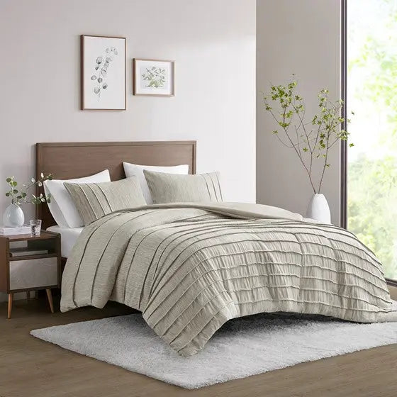 3 Piece Striated Cationic Dyed Oversized Comforter Set With Pleats Natural Cal King
