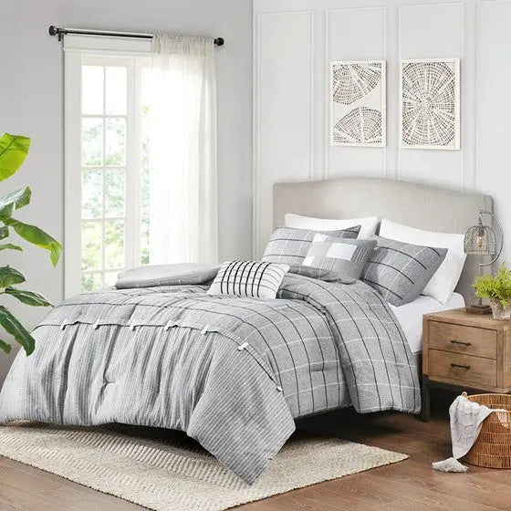 5 Piece Faux Linen Jacquard Comforter Set Gray Cal King