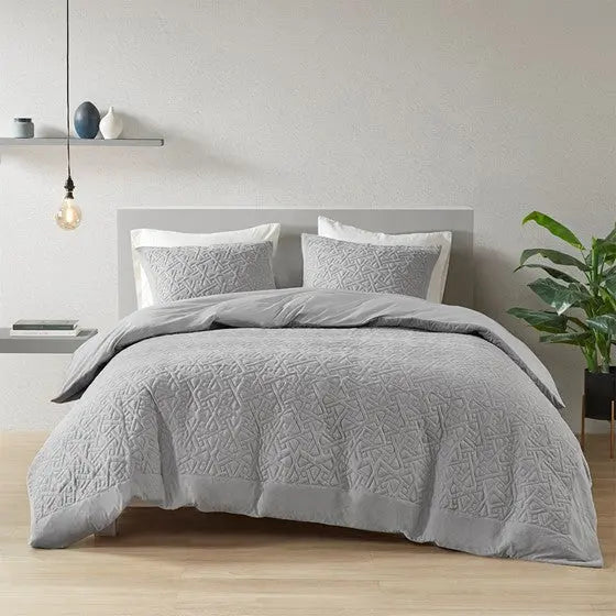 3 Piece Oversized Knit Quilted Top Comforter Mini Set Grey Full/Queen