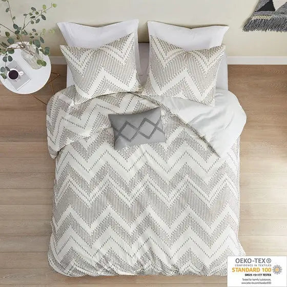 4 Piece Cotton Clip Jacquard Comforter Set Grey Full/Queen