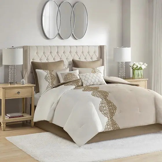 8 Piece Embroidered Microfiber Comforter Set Tan King