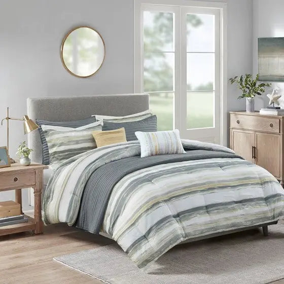8 Piece Printed Seersucker Comforter and Quilt Set Collection Yellow Full/Queen