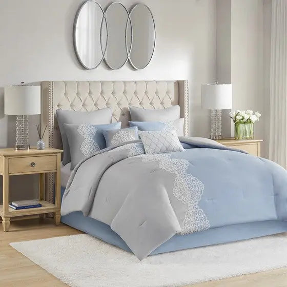 8 Piece Embroidered Microfiber Comforter Set Blue Cal King