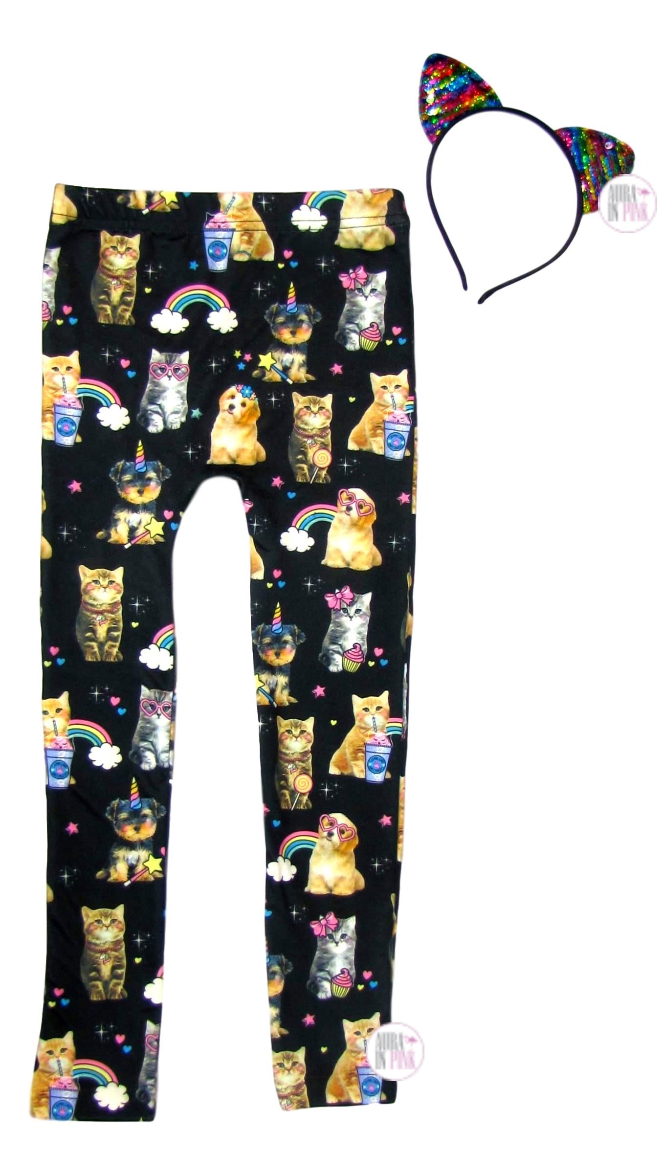 Capelli New York Fabulous Catpuccino & Puppycorn Super-Soft Kids Leggings w/Sequin Headband