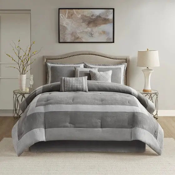 7 Piece Microsuede Comforter Set Gray Queen