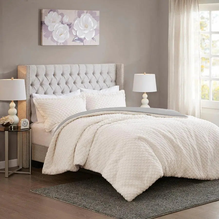 Adler Reversible Textured Sherpa King Comforter Set Ivory & Gray