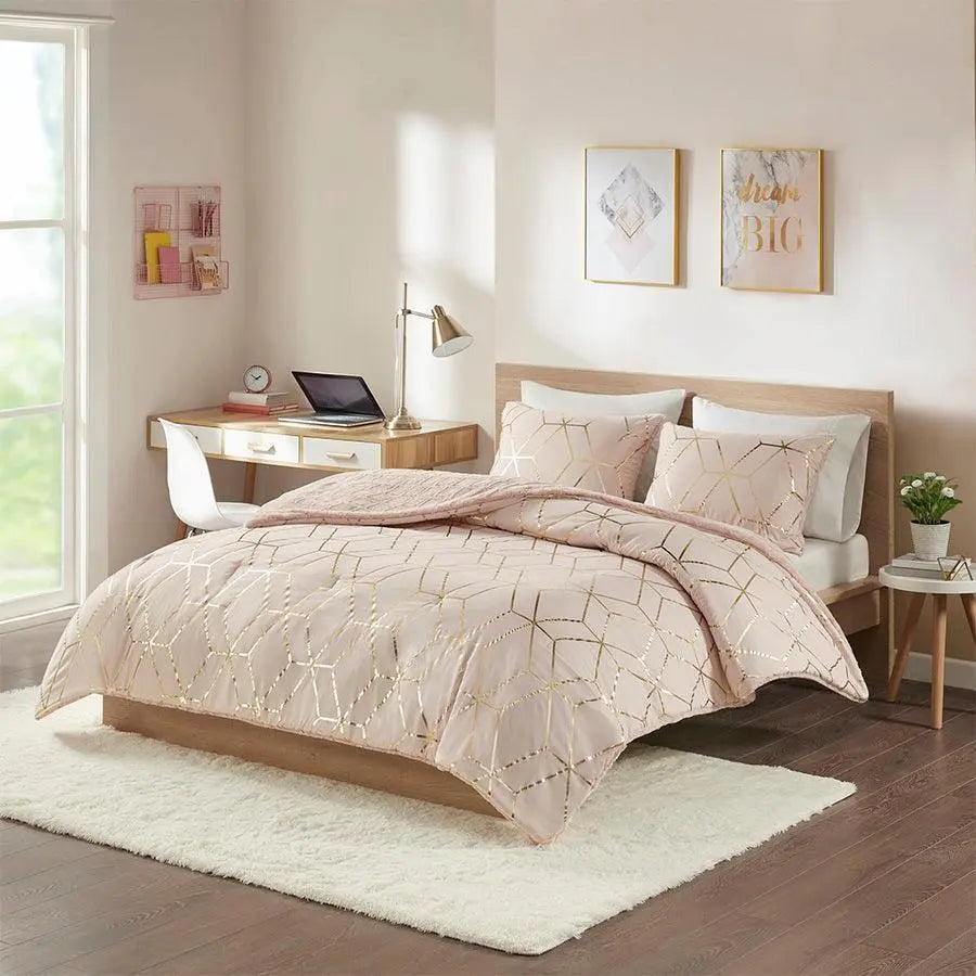 Ainsley King Metallic Print Reversible Comforter Set Blush