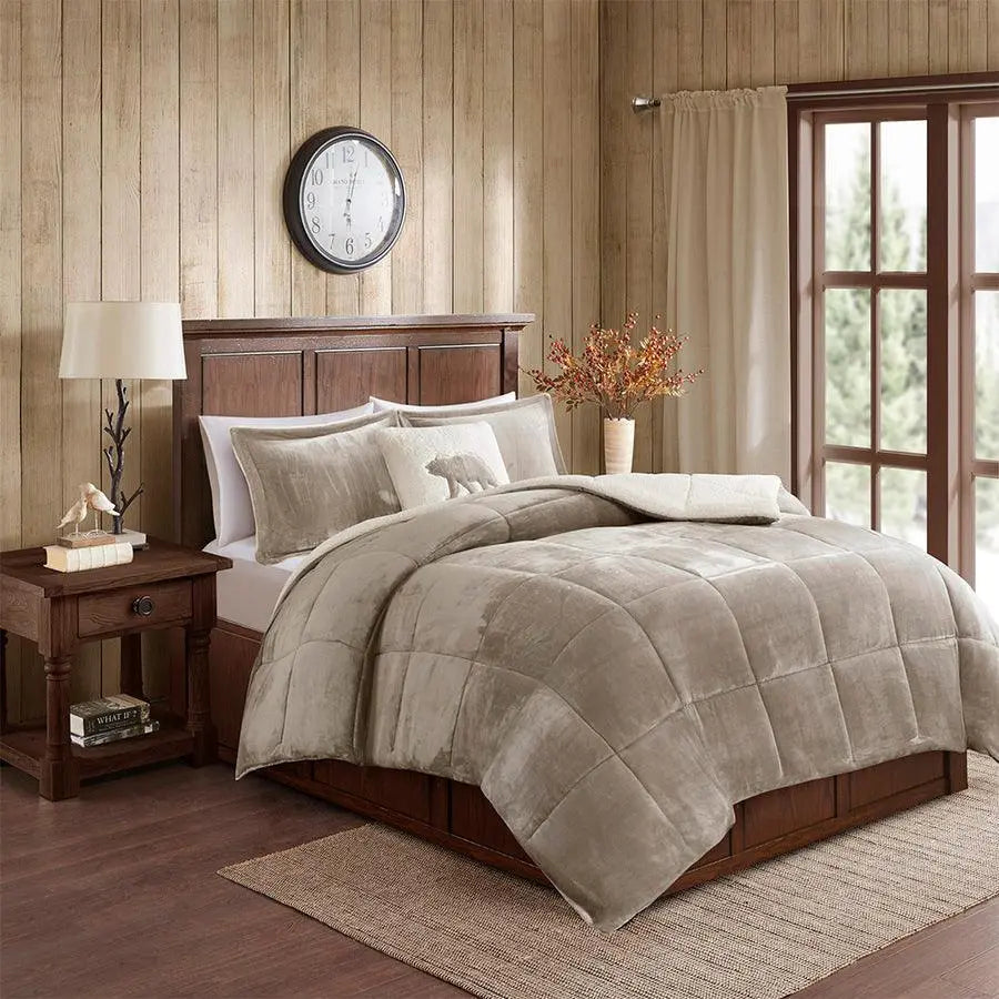 Alton Casual Plush to Sherpa Down Alternative Comforter Set Taupe | Ivory Twin
