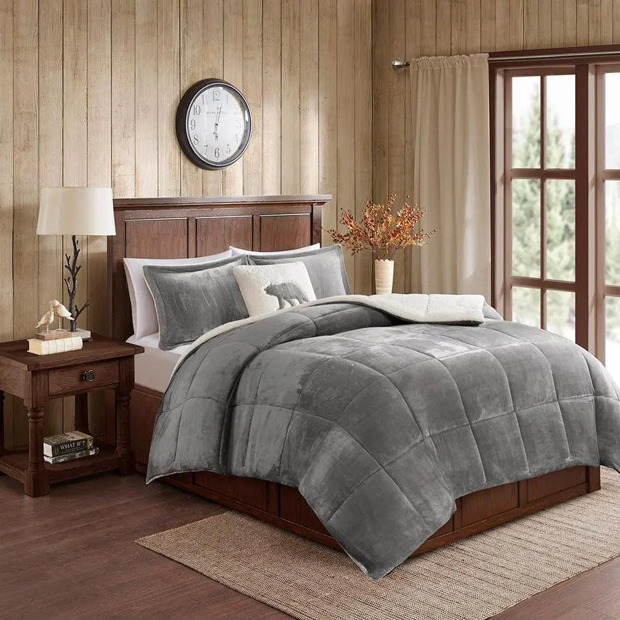 Alton Full/Queen Plush to Sherpa Down Alternative Comforter Set Charcoal & Ivory