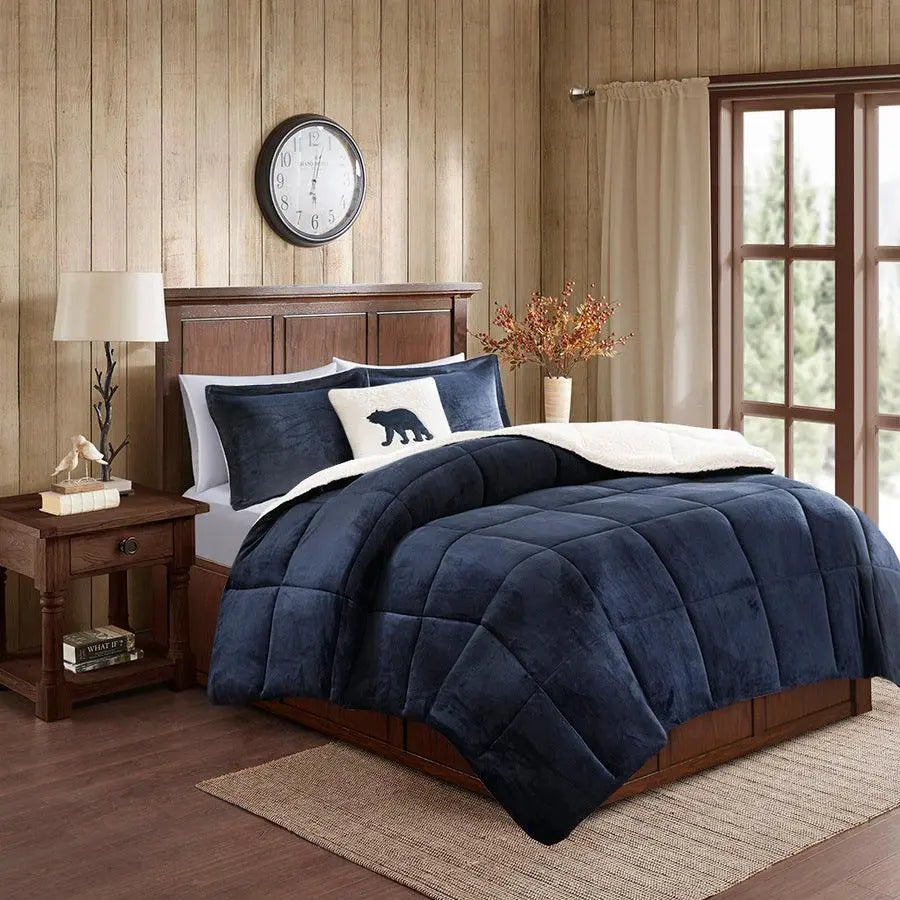 Alton King Plush to Sherpa Down Alternative Comforter Set Navy & Ivory