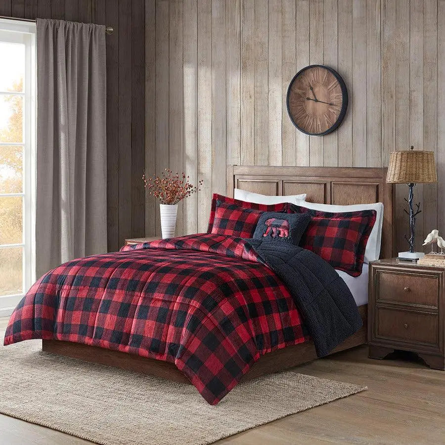 Alton Plush to Sherpa Down Alternative Comforter Set Red & Black Buffalo Check King