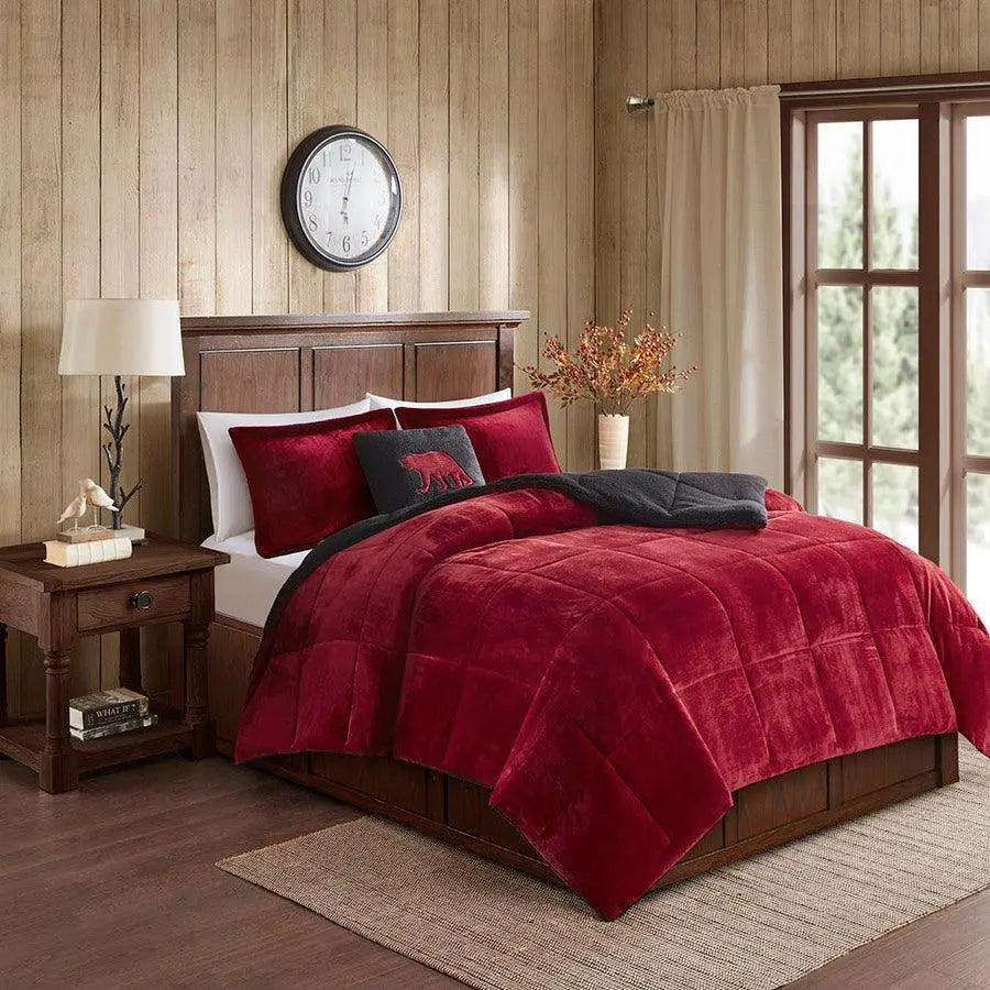Alton Twin Plush to Sherpa Down Alternative Comforter Set Red & Black