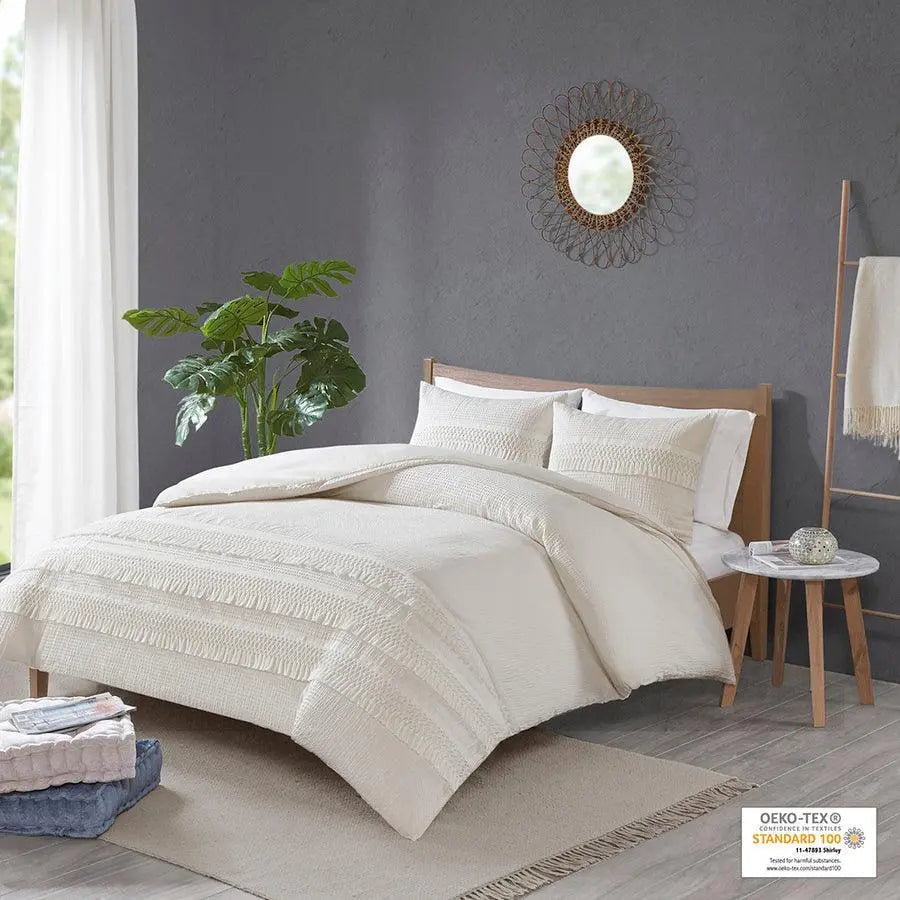 Amaya 3 Piece Cotton Seersucker Comforter Set Ivory King/Cal King