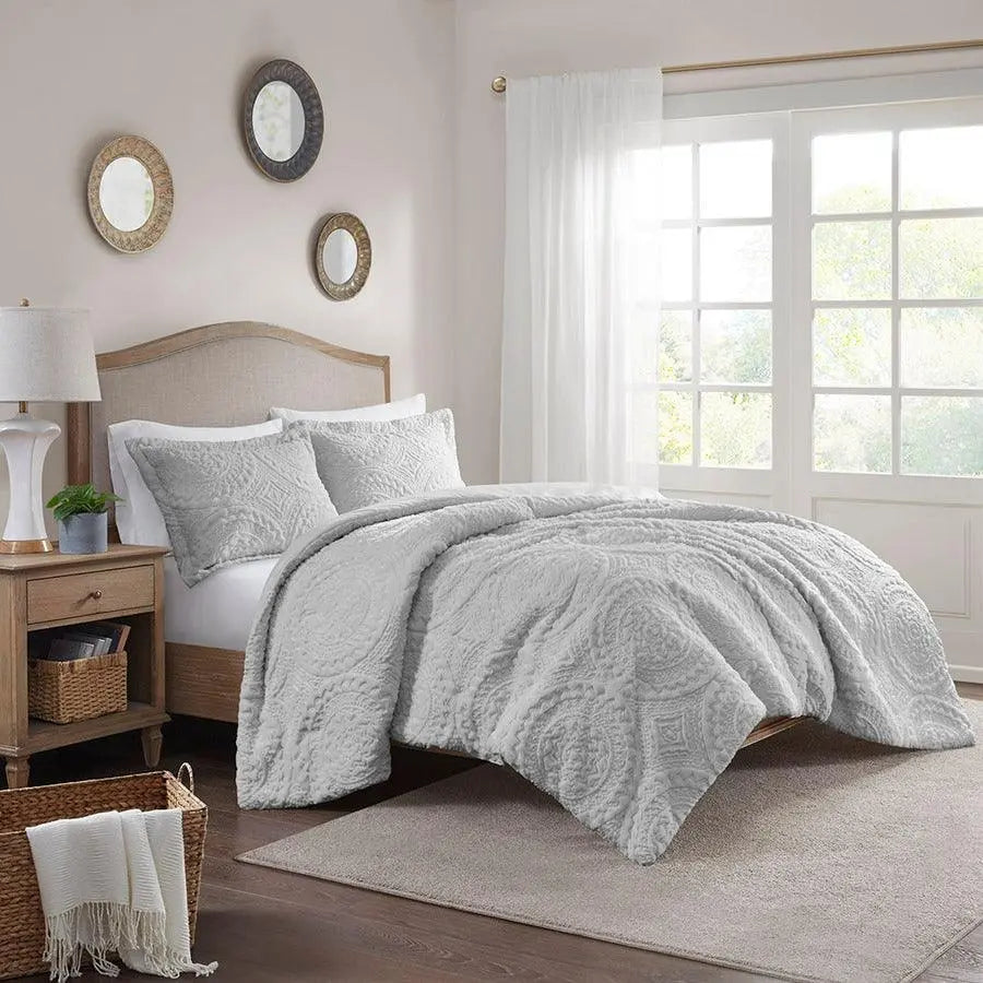 Arya Embroidered Medallion Faux Fur Ultra Plush Comforter Mini Set Gray Full/Queen