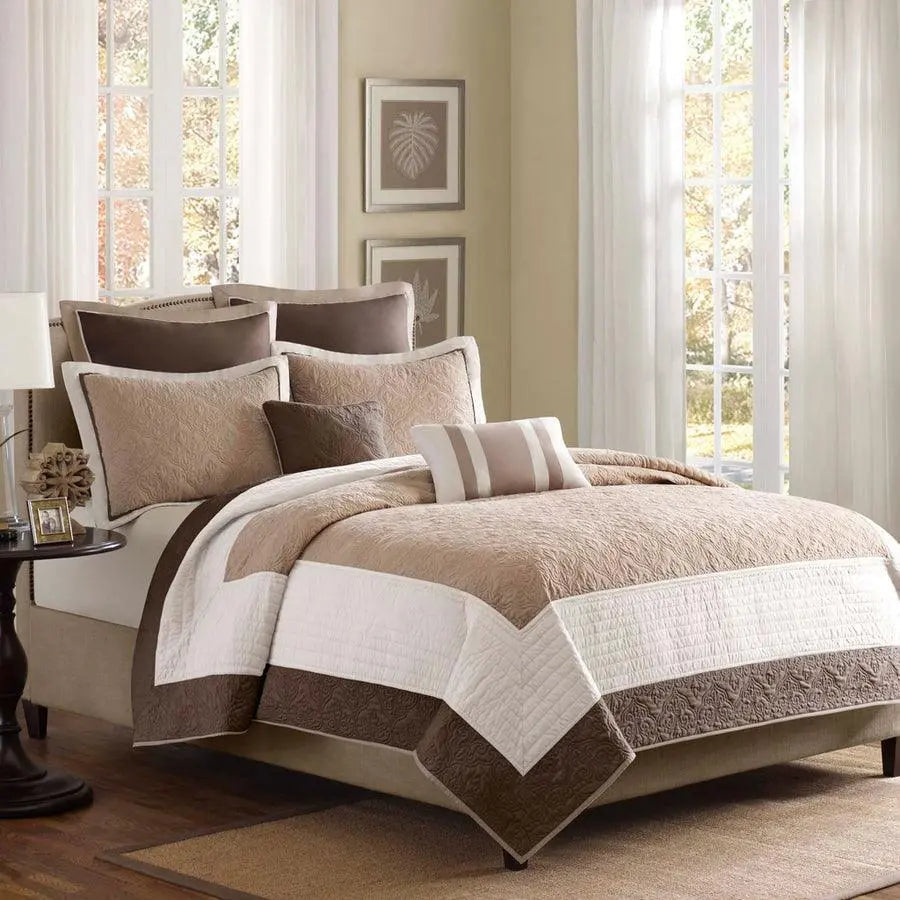 Attingham Full/Queen 7 Piece Reversible Coverlet Set Beige