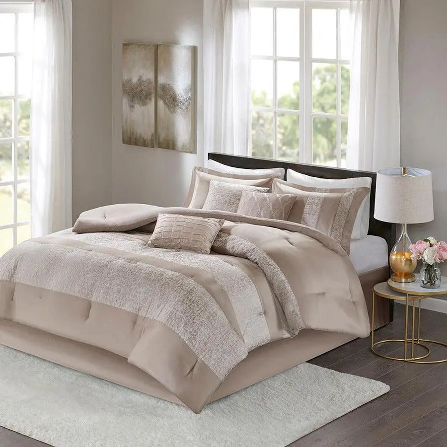 Ava Cottage 7 Piece Chenille Jacquard Comforter Set Taupe Cal King