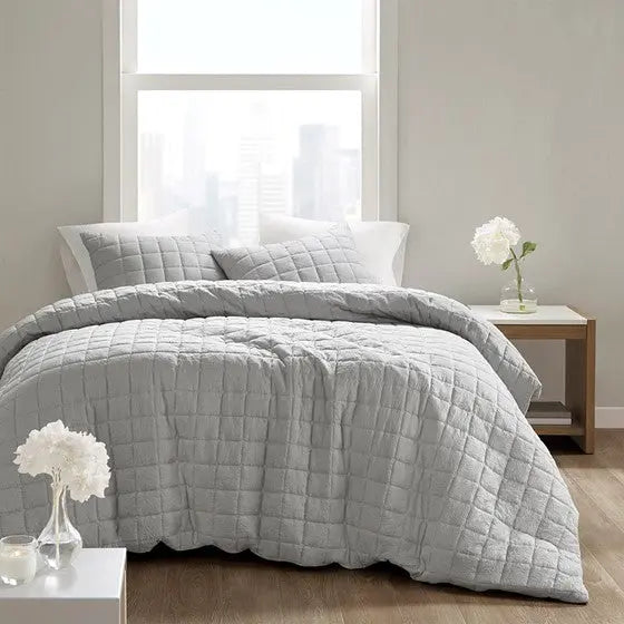 3 Piece Quilt Top Comforter Mini Set Grey Full/Queen