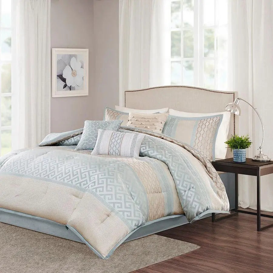 Bennett Transitional 7 Piece Jacquard Comforter Set Aqua Cal King