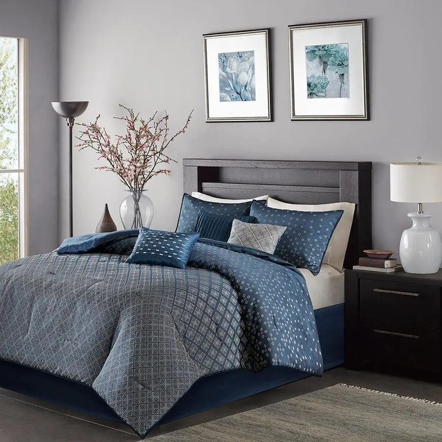 Biloxi Queen 7 Piece Modern & Contemporary Comforter Set Navy