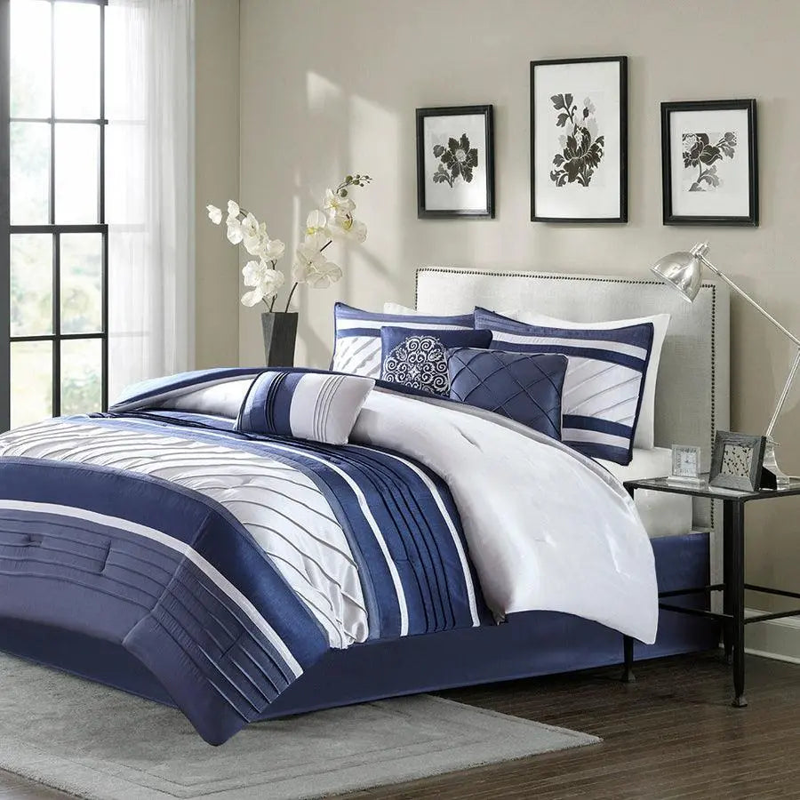 Blaire Queen 7 Piece Transitional Comforter Set Navy