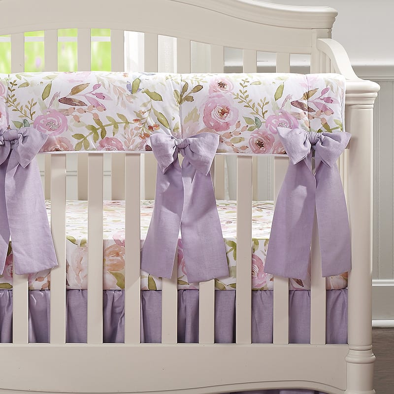 Blush Watercolor Floral Crib Rail Cover With 4 Pre-Tied Oversized Bows