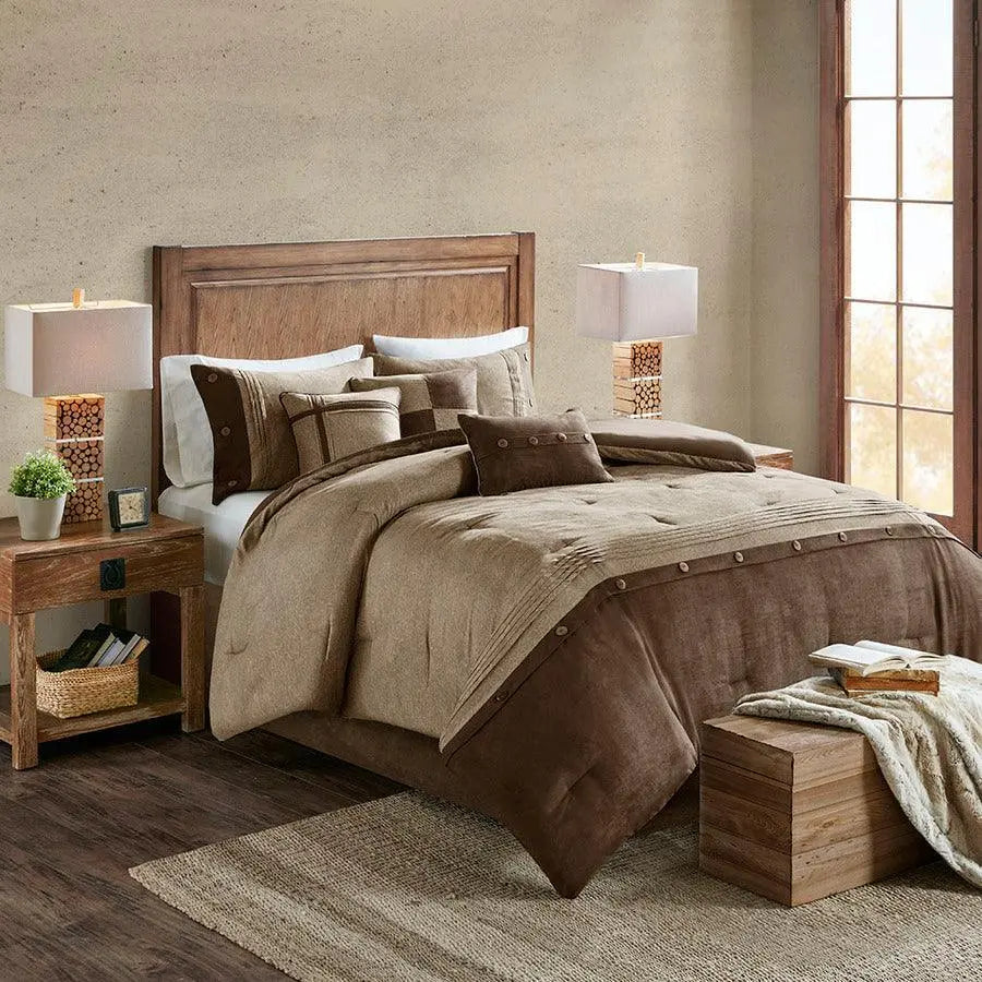 Boone Casual 7 Piece Faux Suede Comforter Set Brown Queen