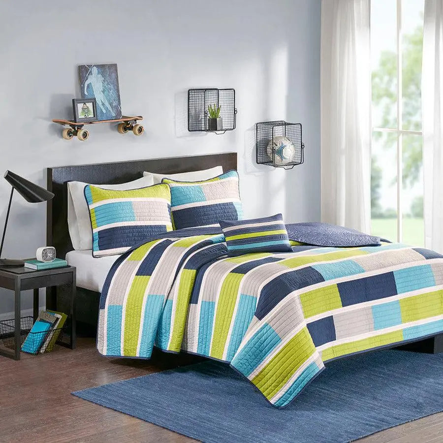 Bradley Twin/Twin XL Reversible Coverlet Set Blue & Lime Green