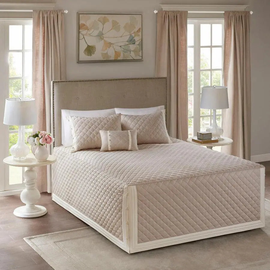 Breanna Queen 4 Piece Cotton Reversible Tailored Bedspread Set Khaki