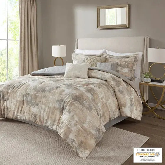 7 Piece Textured Cotton Blend Comforter Set Gray King