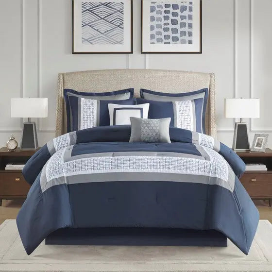 8 Piece Embroidered Comforter Set Navy King